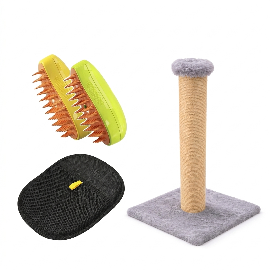 🌟 Frete Grátis!! Kit Pet 1: Arranhador Gigante + Duo de Grooming a Vapor – O Spa Completo para o seu Thomas!