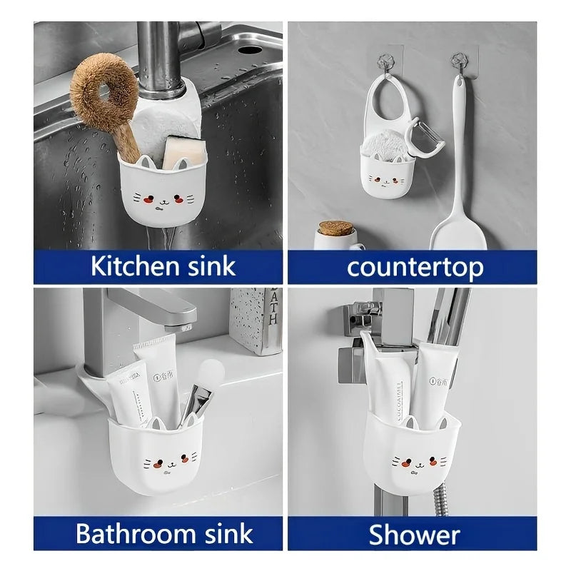 😺 Cesta Organizadora Patinha de Gato: Porta-Esponja em Silicone Branco para Torneira/Pia!