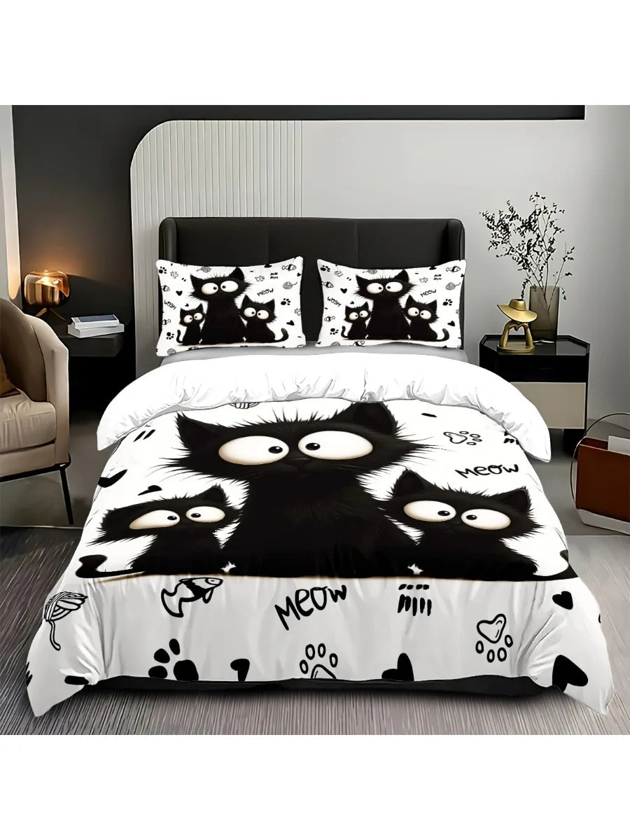 🐾 Jogo de Cama Gato Preto 3 Peças: Capa de Edredom + 2 Fronhas – Maciez e Estilo Felino!