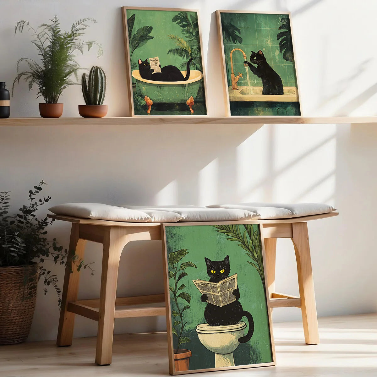 🖼️ Kit 3 Quadros Gato Preto Engraçado: Arte em Canvas para Banheiro e Decoração Retrô Moderna!