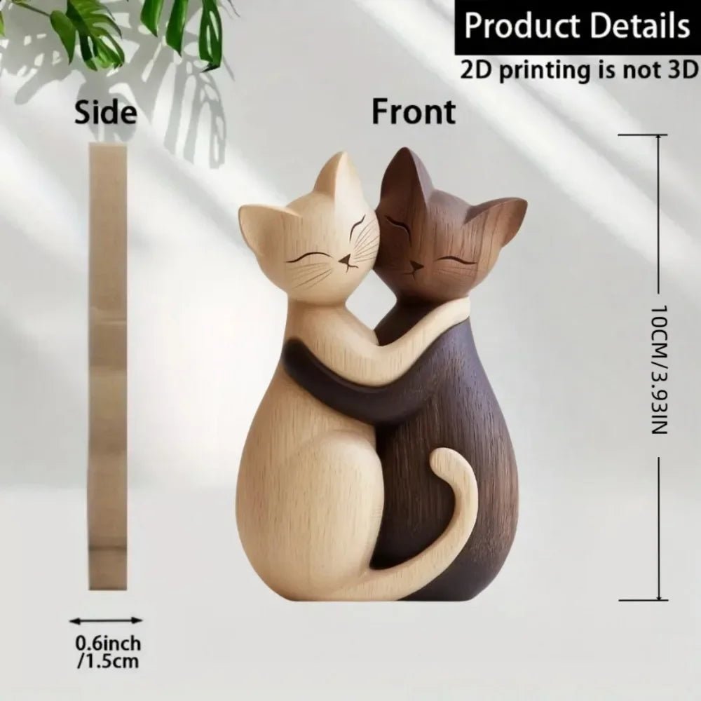 💖 Escultura Gatinhos Casal 2D: Madeira Rústica P&B – Presente Encantador para Cat Lovers!