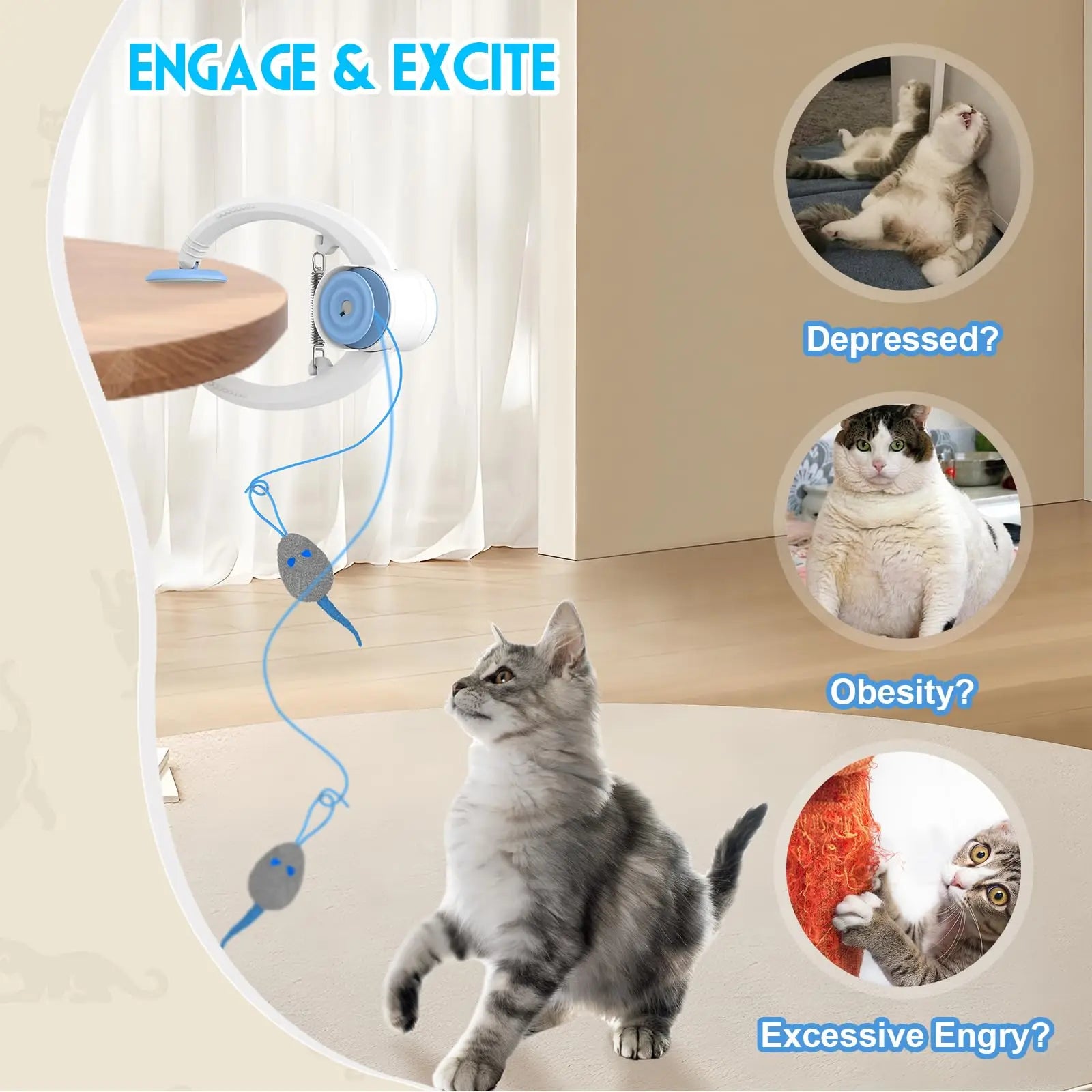 🐭 Brinquedo Retrátil para Porta: 3 Ratos com Catnip – Rebote Automático para Gatos de Interior (Cor Branca)!