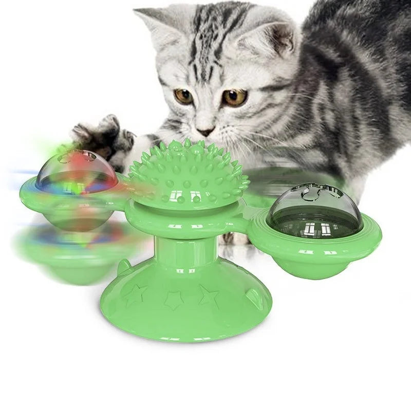 🌪️ Brinquedo Moinho de Vento Gato 3 em 1: Quebra-Cabeça Interativo, Escova de Dentes e Turntable!