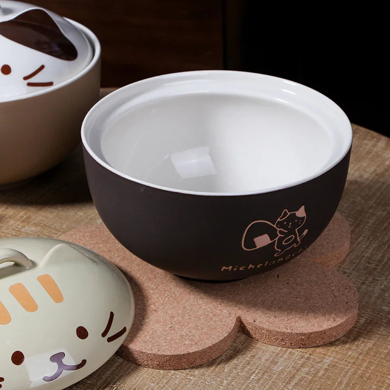 🍜 Tigela de Cerâmica Gato Cartoon 550ml: Com Tampa, Ideal para Noodle e Almoço no Escritório!