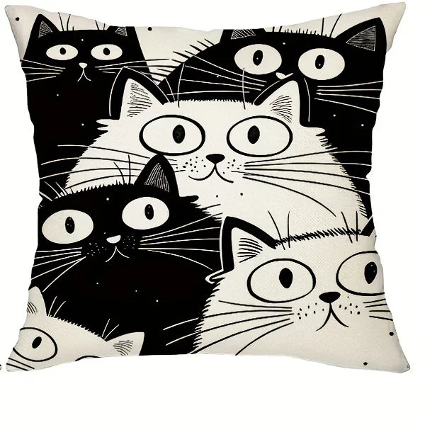 🖤 Almofada Gato P&B 45x45cm: Capa em Poliéster Desenho Animado – Decoração Moderna para Cat Lovers!