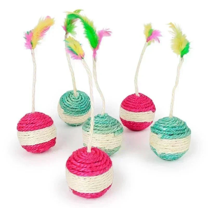 🧶 Brinquedo Gato Bola de Sisal 2 em 1: Arranhador + Pena Interativa para Filhotes!