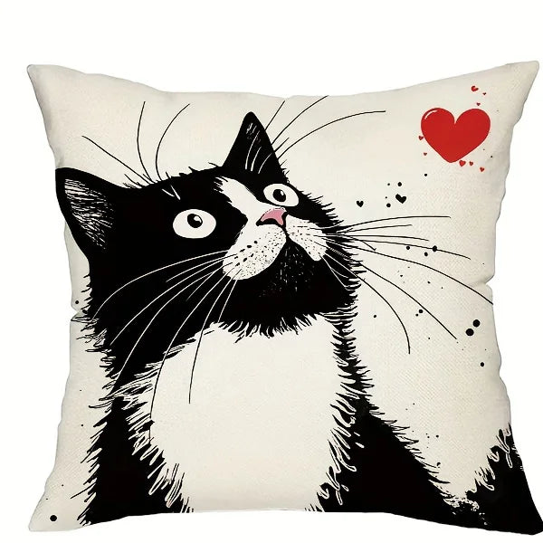 🖤 Almofada Gato P&B 45x45cm: Capa em Poliéster Desenho Animado – Decoração Moderna para Cat Lovers!