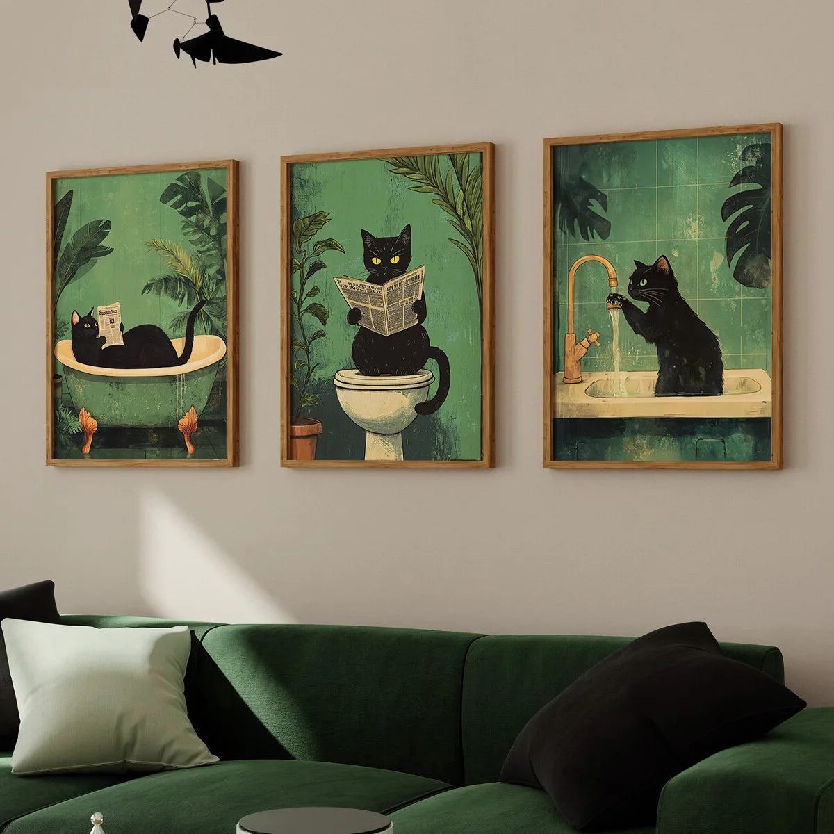 🖼️ Kit 3 Quadros Gato Preto Engraçado: Arte em Canvas para Banheiro e Decoração Retrô Moderna!