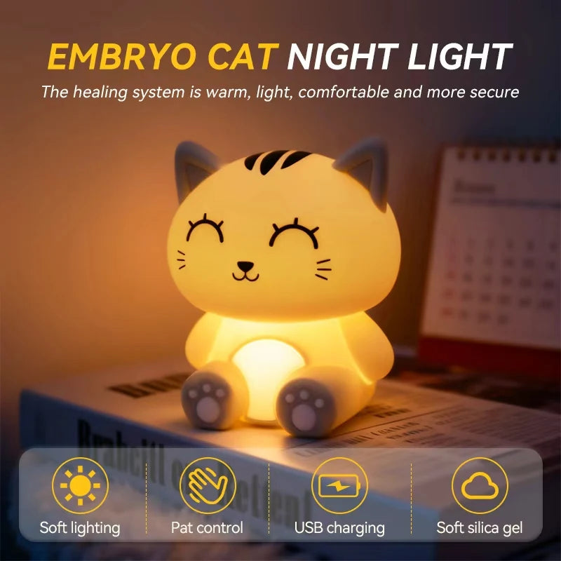 💡 Luminária Noturna Gato Cinza Smart: Recarregável, Dimmer por Toque e Função Timer!