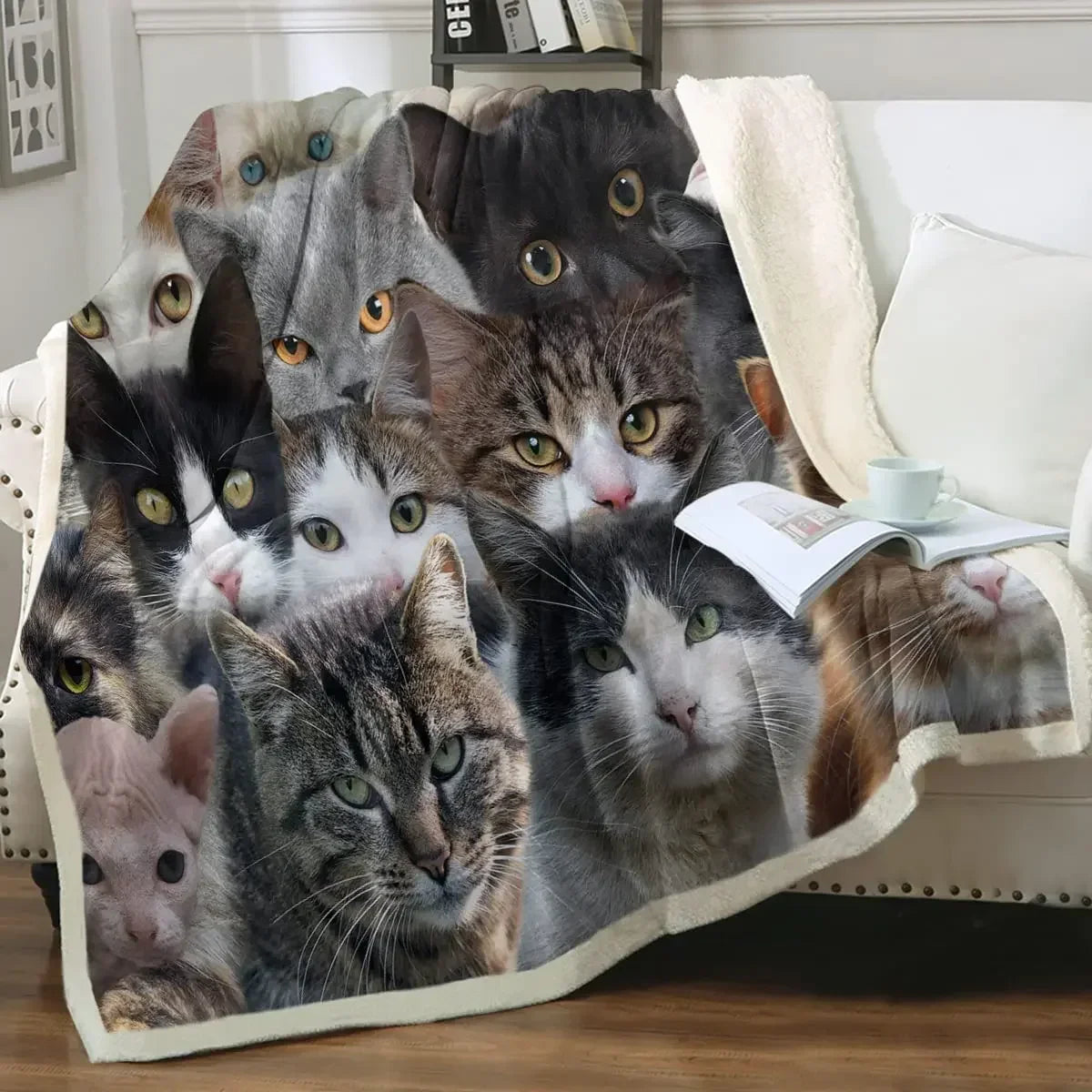 ☁️ Manta de Gatos P&B Luxo: Pelúcia Sherpa e Flanela – Conforto Super Macio para Sofá e Cama!