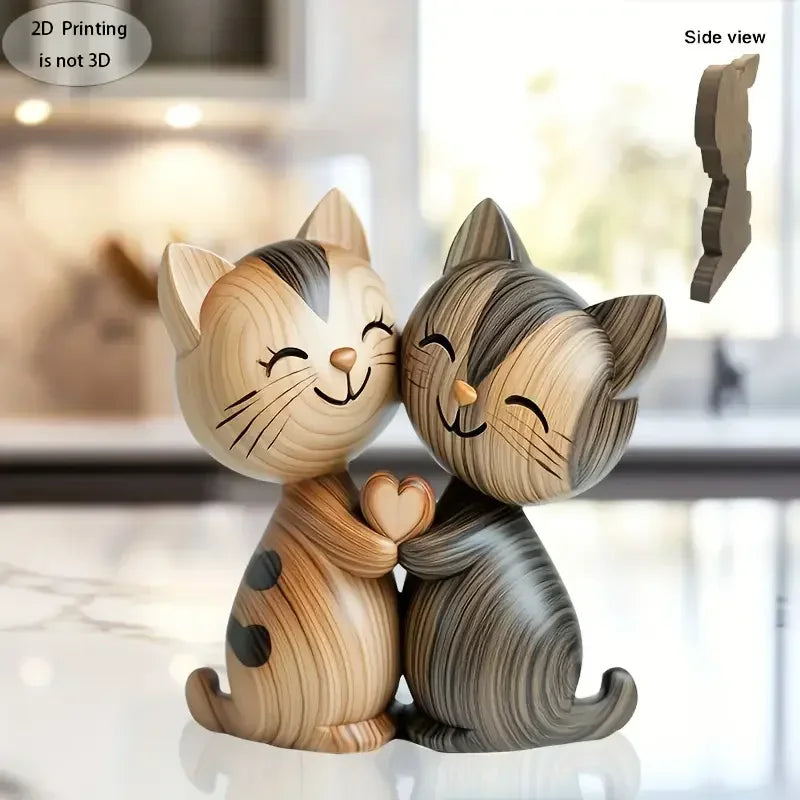 💖 Escultura Gatinhos Casal 2D: Madeira Rústica P&B – Presente Encantador para Cat Lovers!
