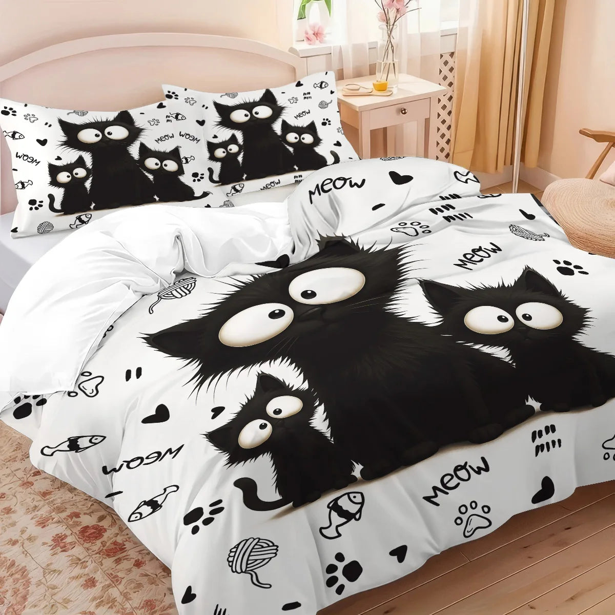 🐾 Jogo de Cama Gato Preto 3 Peças: Capa de Edredom + 2 Fronhas – Maciez e Estilo Felino!