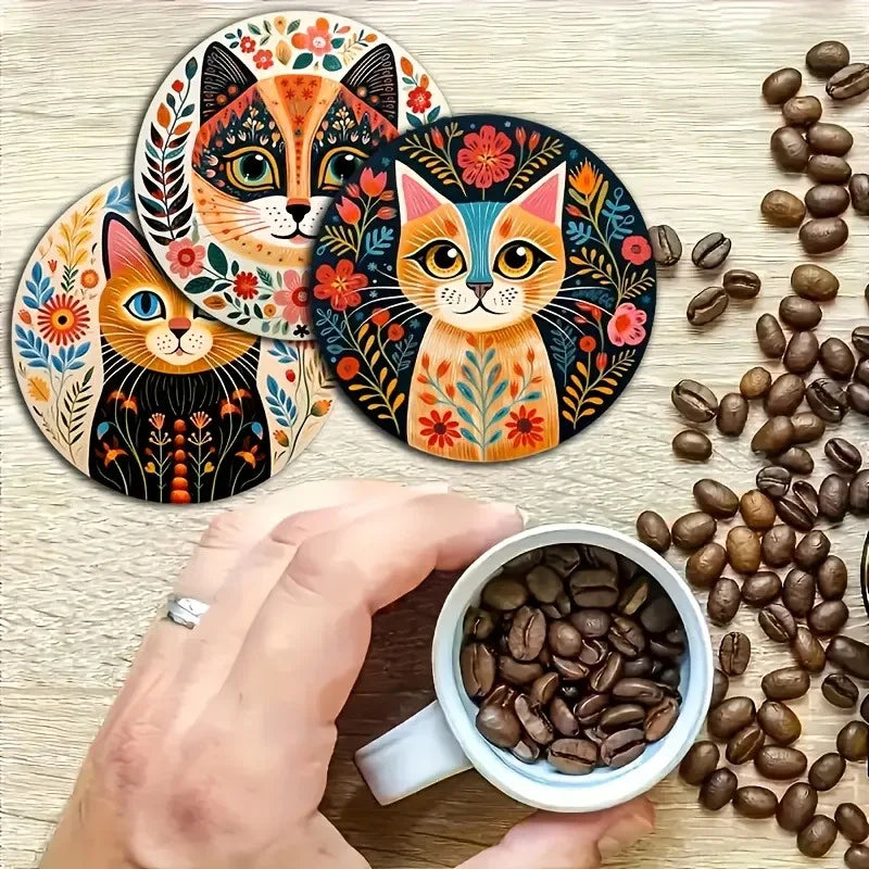 🌸 Conjunto 6 Peças: Porta-Copos de Madeira Tema Gato – Florais Vibrantes e Proteção Térmica!