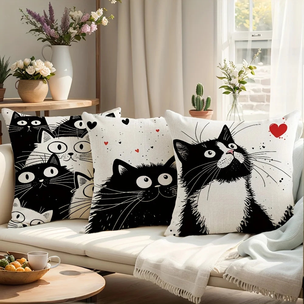 🖤 Almofada Gato P&B 45x45cm: Capa em Poliéster Desenho Animado – Decoração Moderna para Cat Lovers!