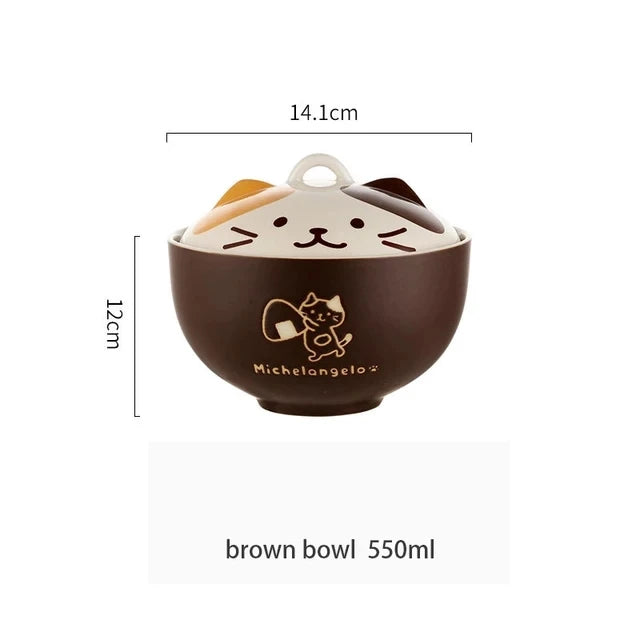 🍜 Tigela de Cerâmica Gato Cartoon 550ml: Com Tampa, Ideal para Noodle e Almoço no Escritório!