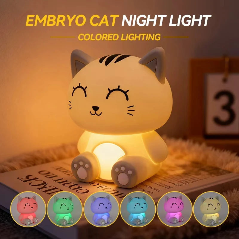 💡 Luminária Noturna Gato Cinza Smart: Recarregável, Dimmer por Toque e Função Timer!