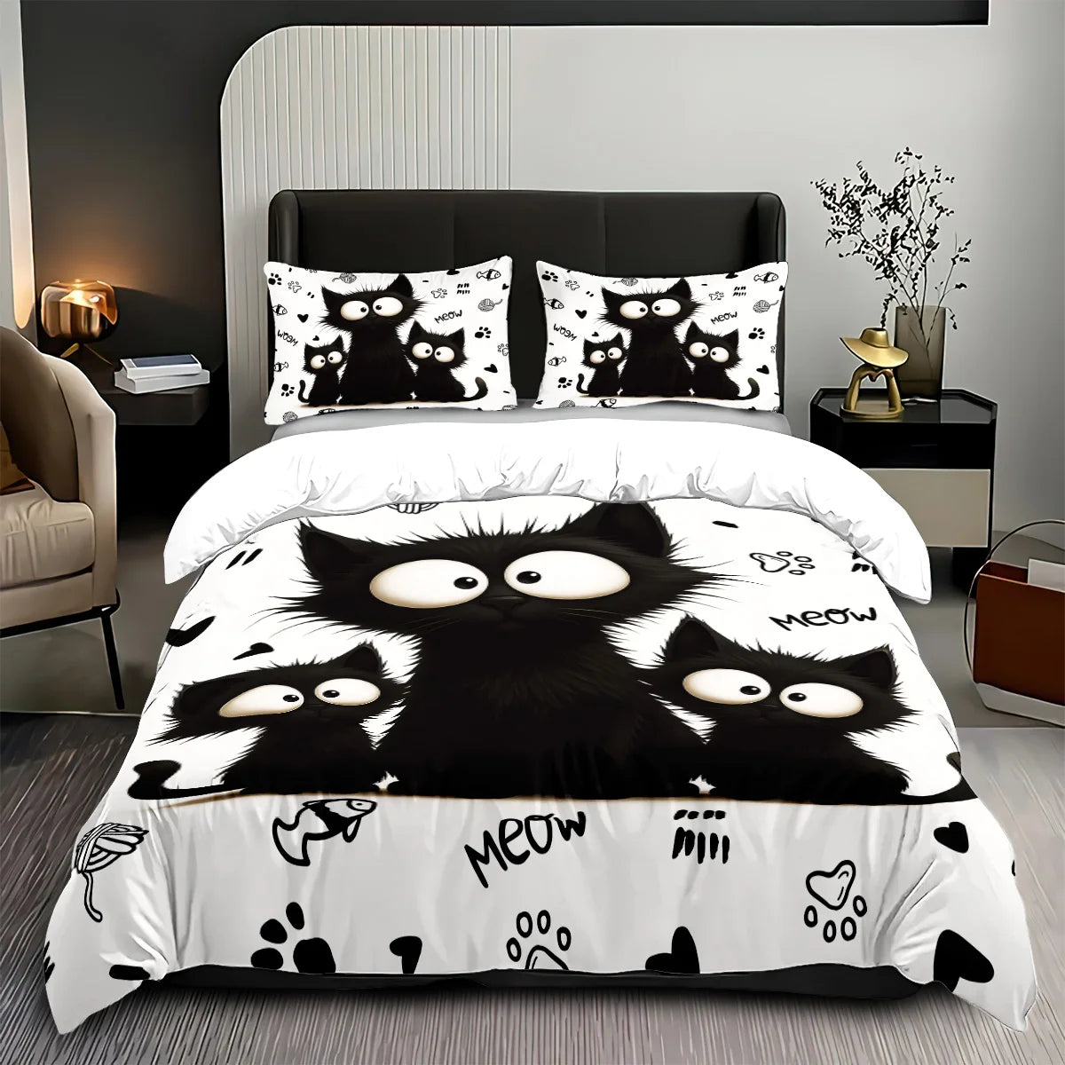 🐾 Jogo de Cama Gato Preto 3 Peças: Capa de Edredom + 2 Fronhas – Maciez e Estilo Felino!