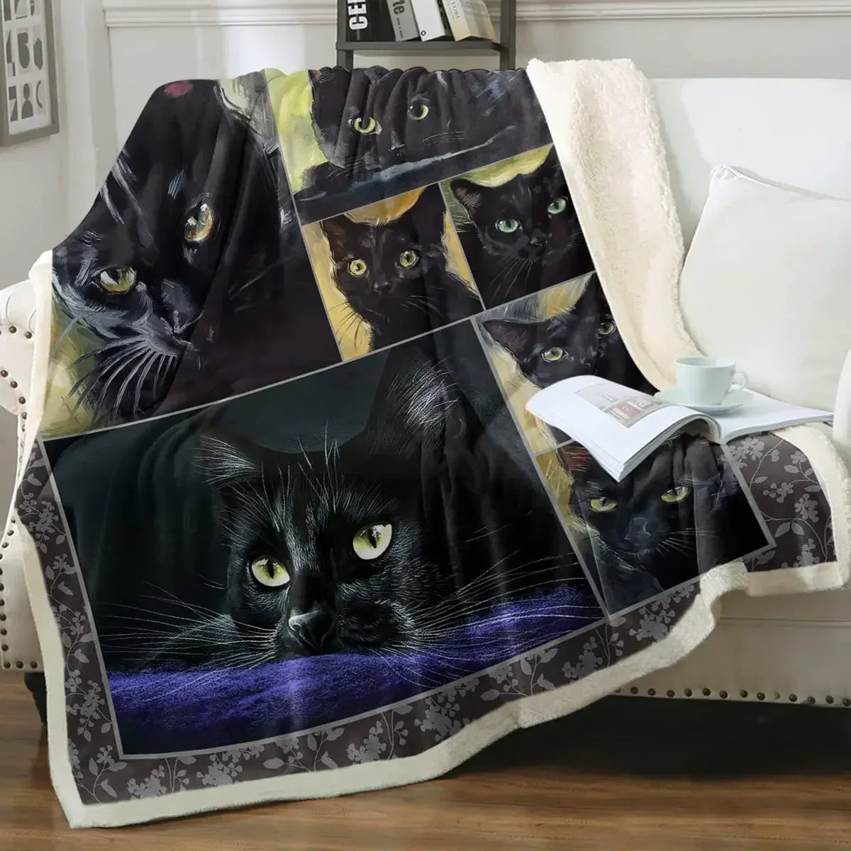 ☁️ Manta de Gatos P&B Luxo: Pelúcia Sherpa e Flanela – Conforto Super Macio para Sofá e Cama!