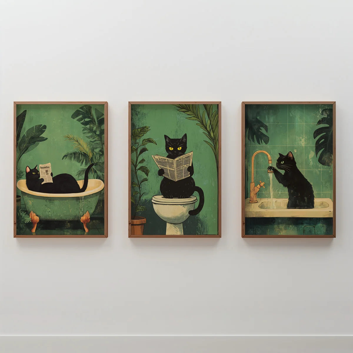 🖼️ Kit 3 Quadros Gato Preto Engraçado: Arte em Canvas para Banheiro e Decoração Retrô Moderna!