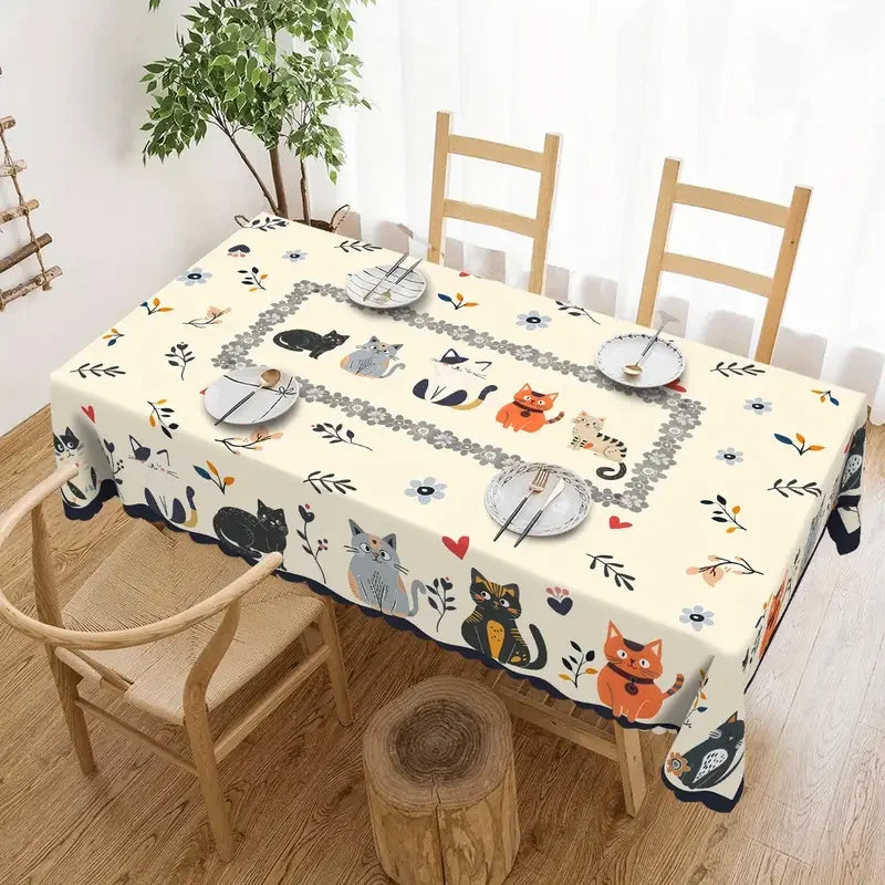 🌸 Toalha de Mesa Floral Gatos Fofos: Estampa Gato Laranja/Preto – Decoração de Festa e Jantar!