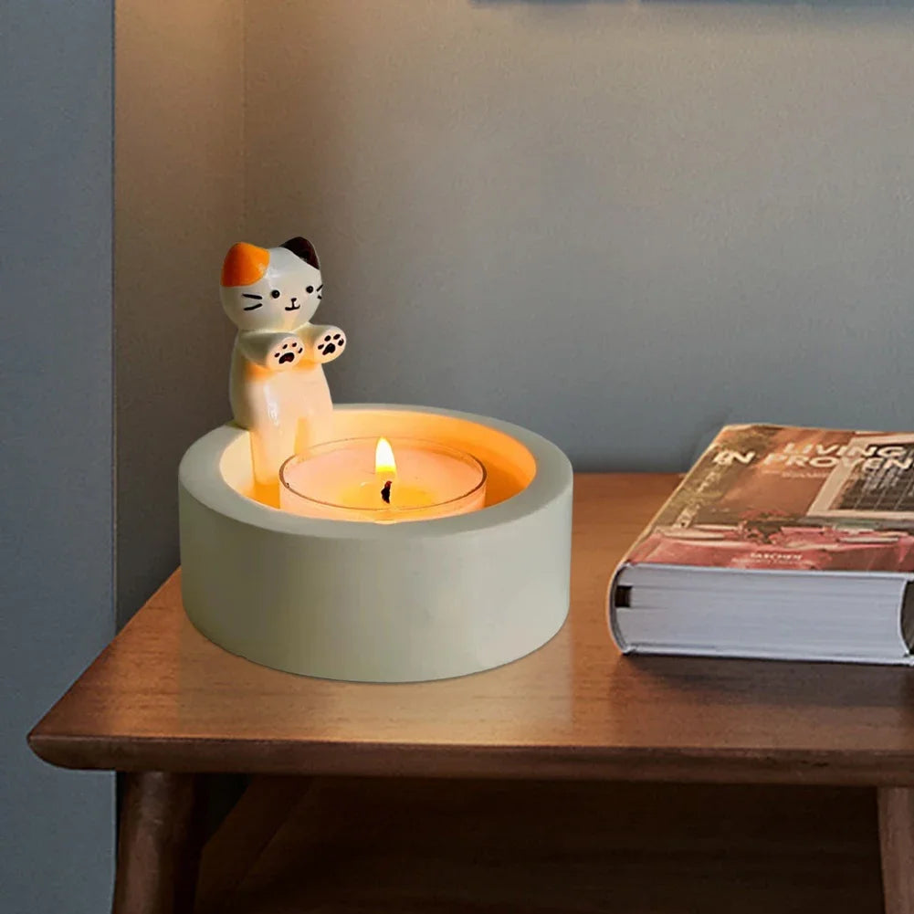 🕯️ Porta-Velas Gato Cartoon: Castiçal Fofo para Tea Lights – Charme na Mesa do Escritório e Casa!