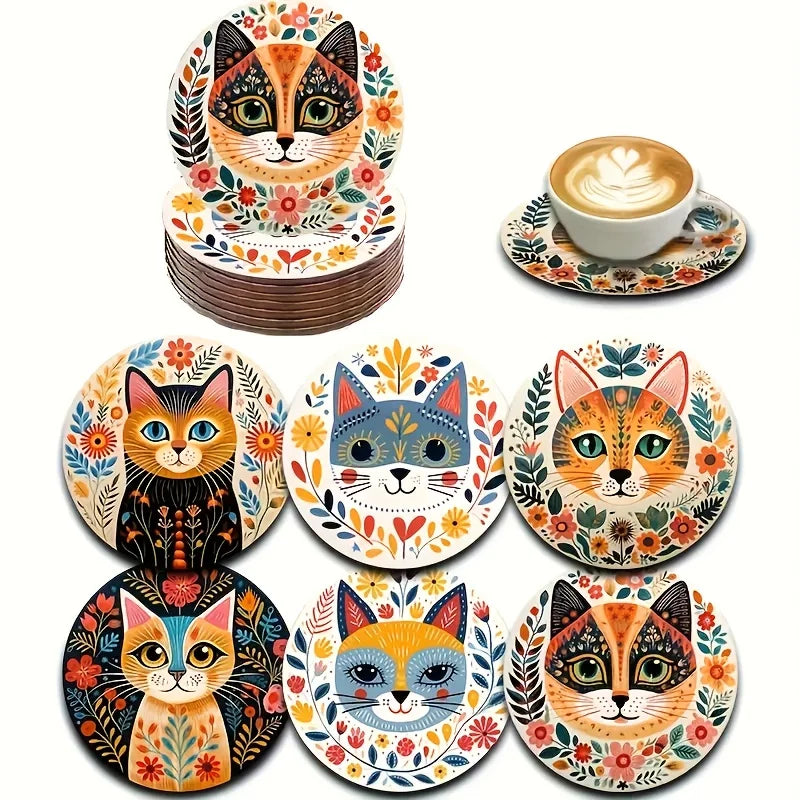 🌸 Conjunto 6 Peças: Porta-Copos de Madeira Tema Gato – Florais Vibrantes e Proteção Térmica!