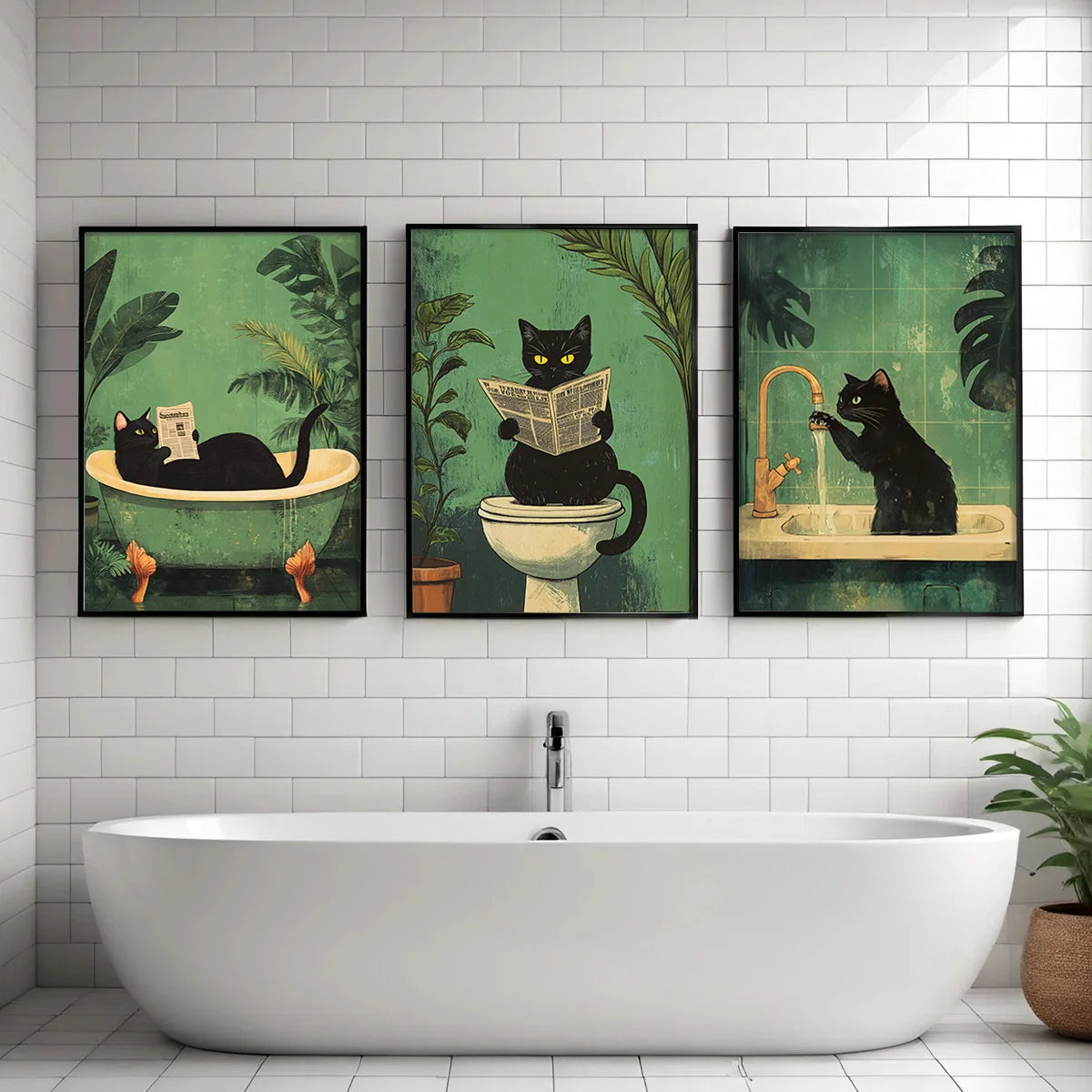🖼️ Kit 3 Quadros Gato Preto Engraçado: Arte em Canvas para Banheiro e Decoração Retrô Moderna!