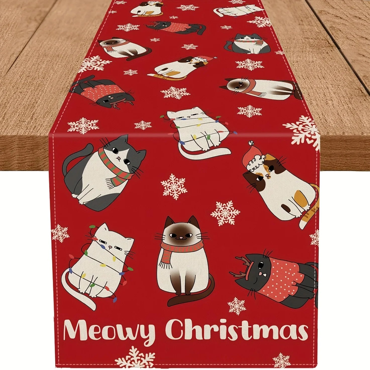 🎄 Caminho de Mesa "Meowy Christmas" Luxo: Gato Fofo, Fundo Vermelho e Flocos de Neve!
