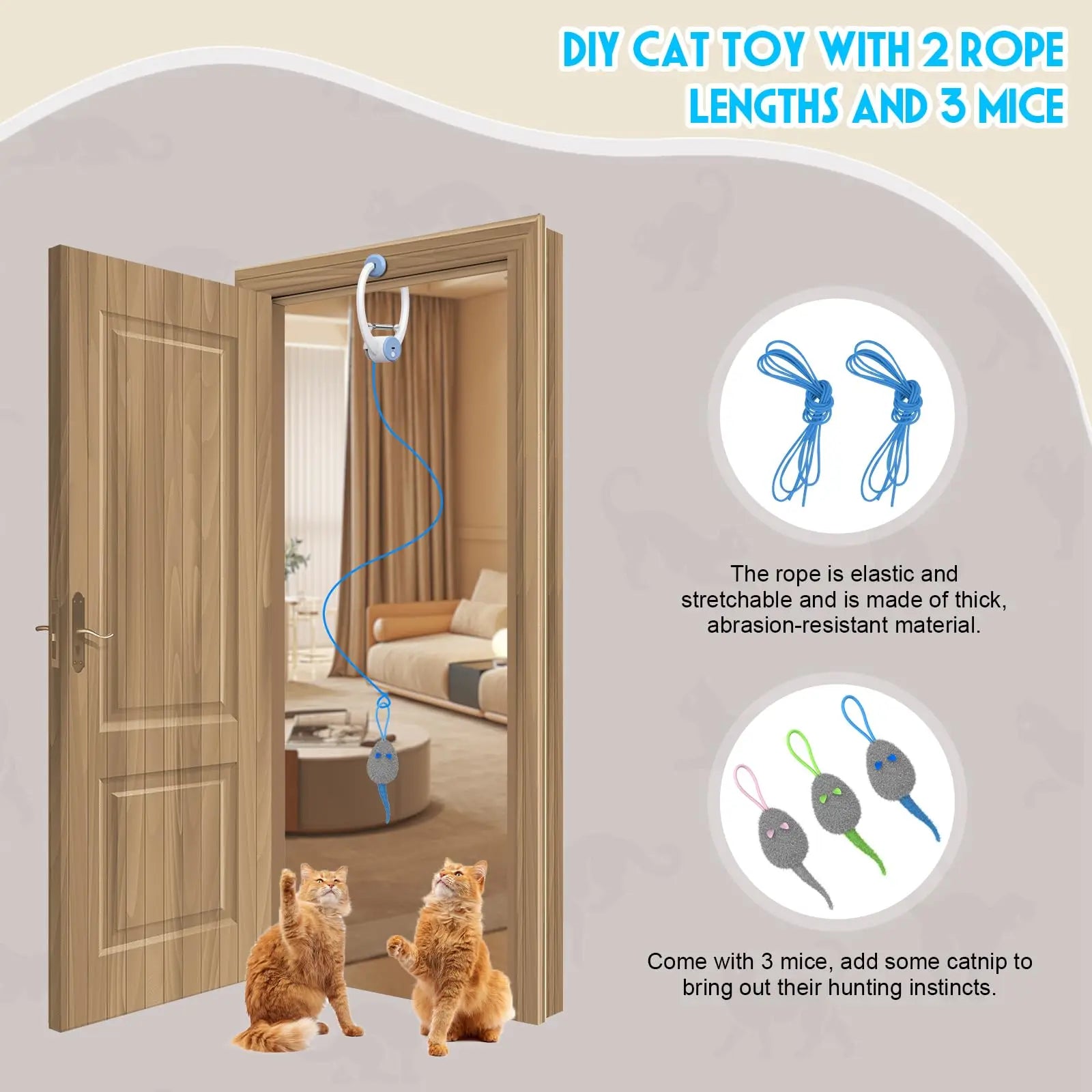 🐭 Brinquedo Retrátil para Porta: 3 Ratos com Catnip – Rebote Automático para Gatos de Interior (Cor Branca)!
