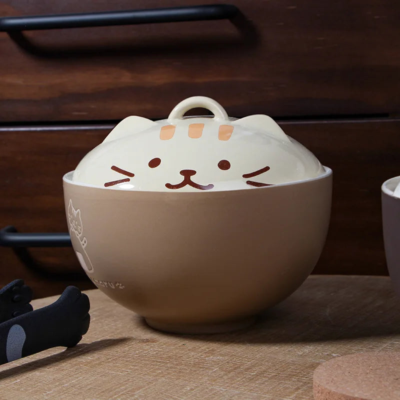 🍜 Tigela de Cerâmica Gato Cartoon 550ml: Com Tampa, Ideal para Noodle e Almoço no Escritório!