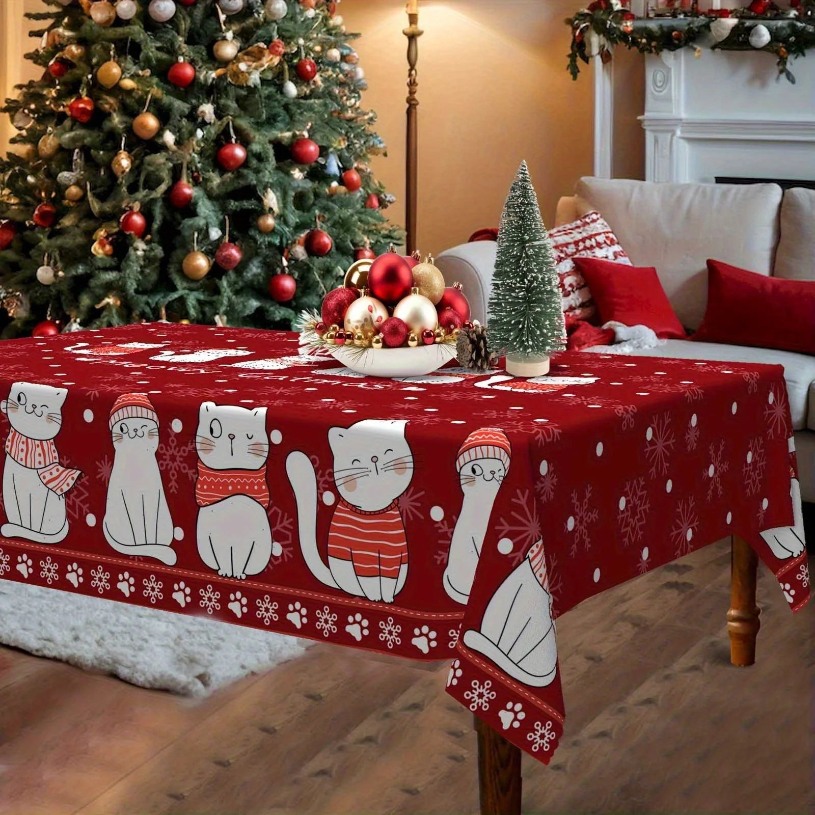 🎅 Toalha de Mesa Retangular Gato Noel: Impermeável, Flocos de Neve – Decoração de Natal Mágica!