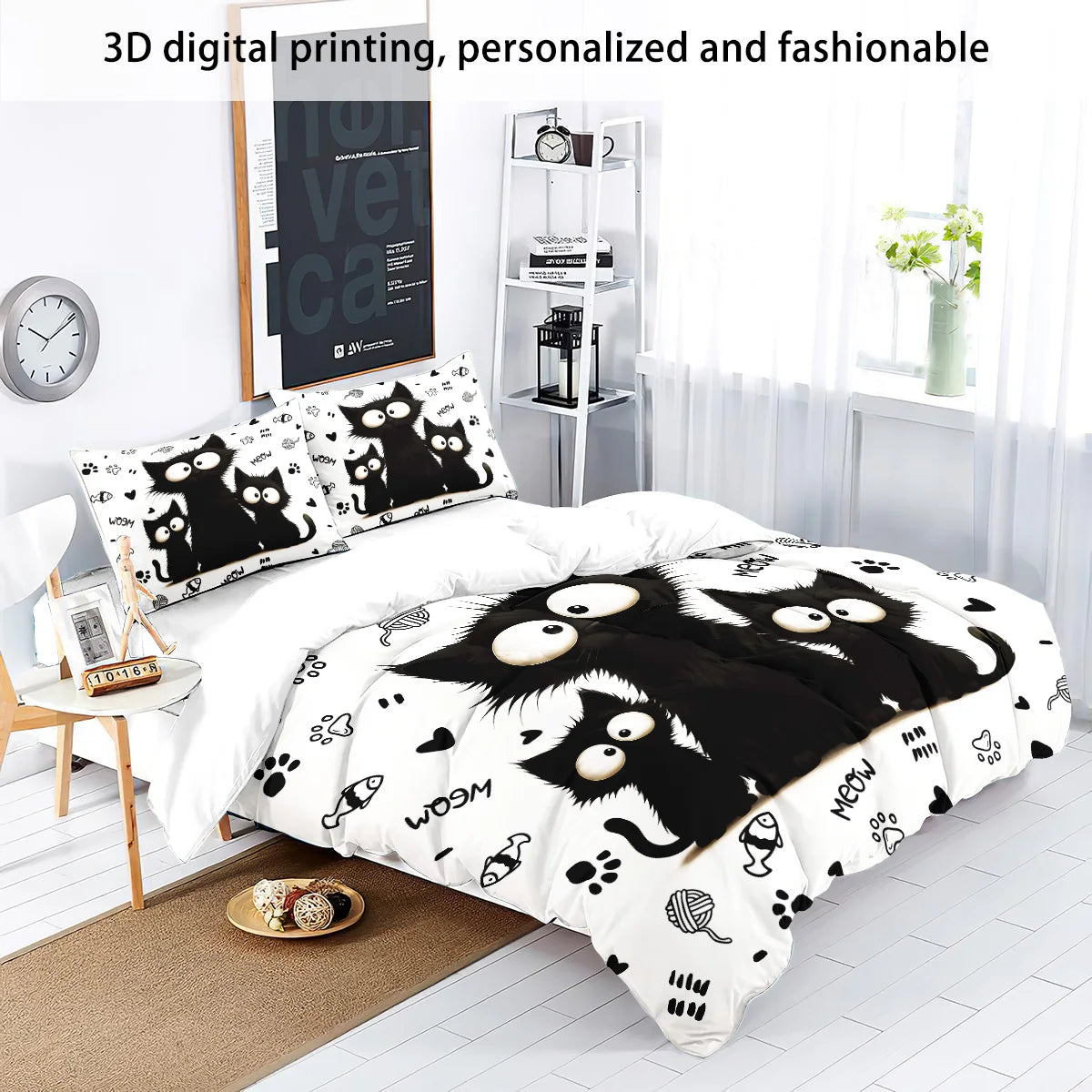 🐾 Jogo de Cama Gato Preto 3 Peças: Capa de Edredom + 2 Fronhas – Maciez e Estilo Felino!