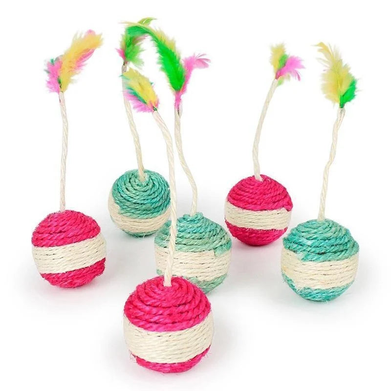 🧶 Brinquedo Gato Bola de Sisal 2 em 1: Arranhador + Pena Interativa para Filhotes!