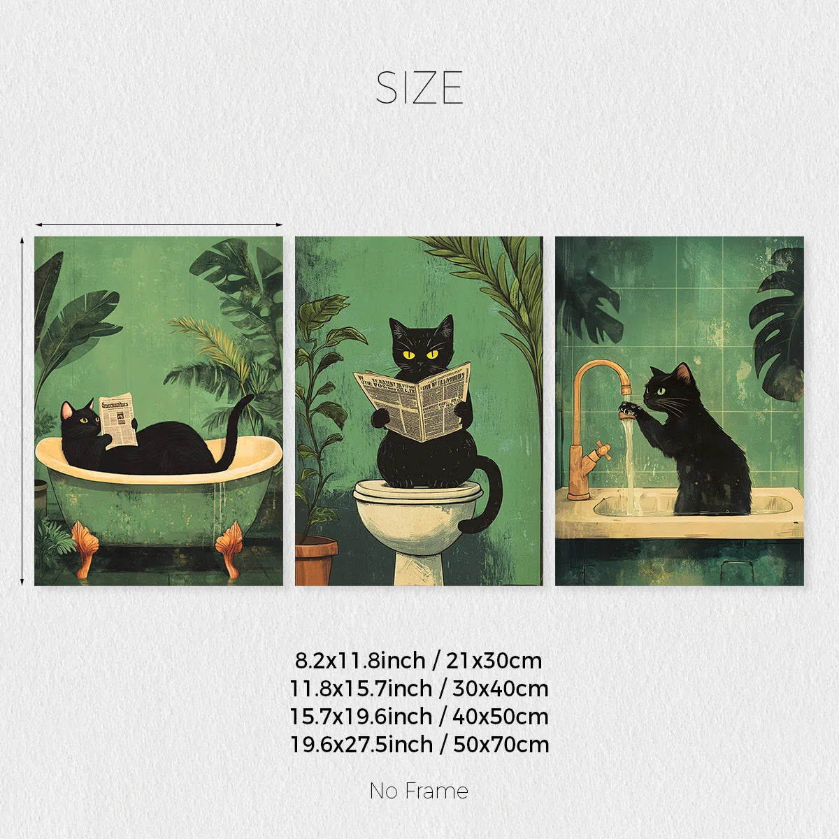 🖼️ Kit 3 Quadros Gato Preto Engraçado: Arte em Canvas para Banheiro e Decoração Retrô Moderna!