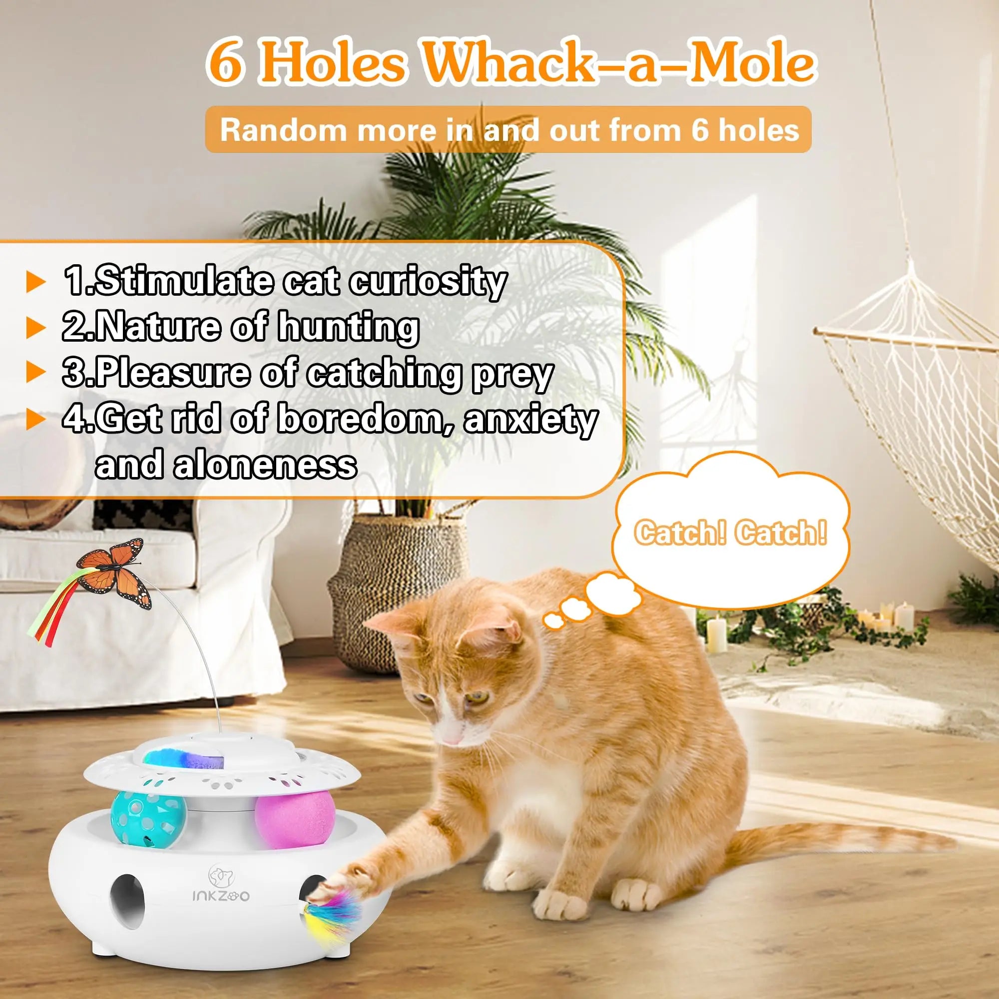 🕹️Bate-Rato Automático, Borboleta e Pista – Centro de Entretenimento USB para Gatos!