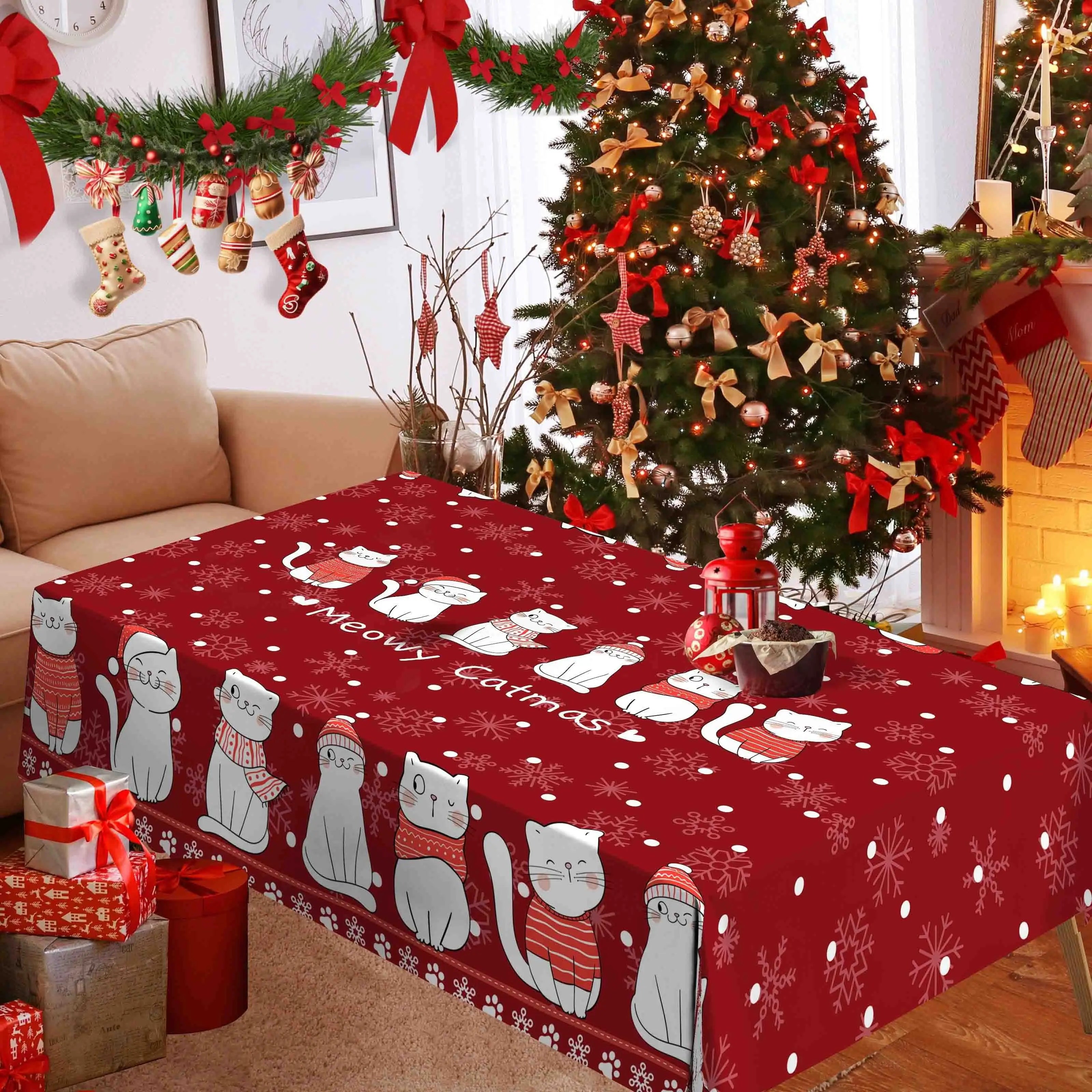 🎅 Toalha de Mesa Retangular Gato Noel: Impermeável, Flocos de Neve – Decoração de Natal Mágica!