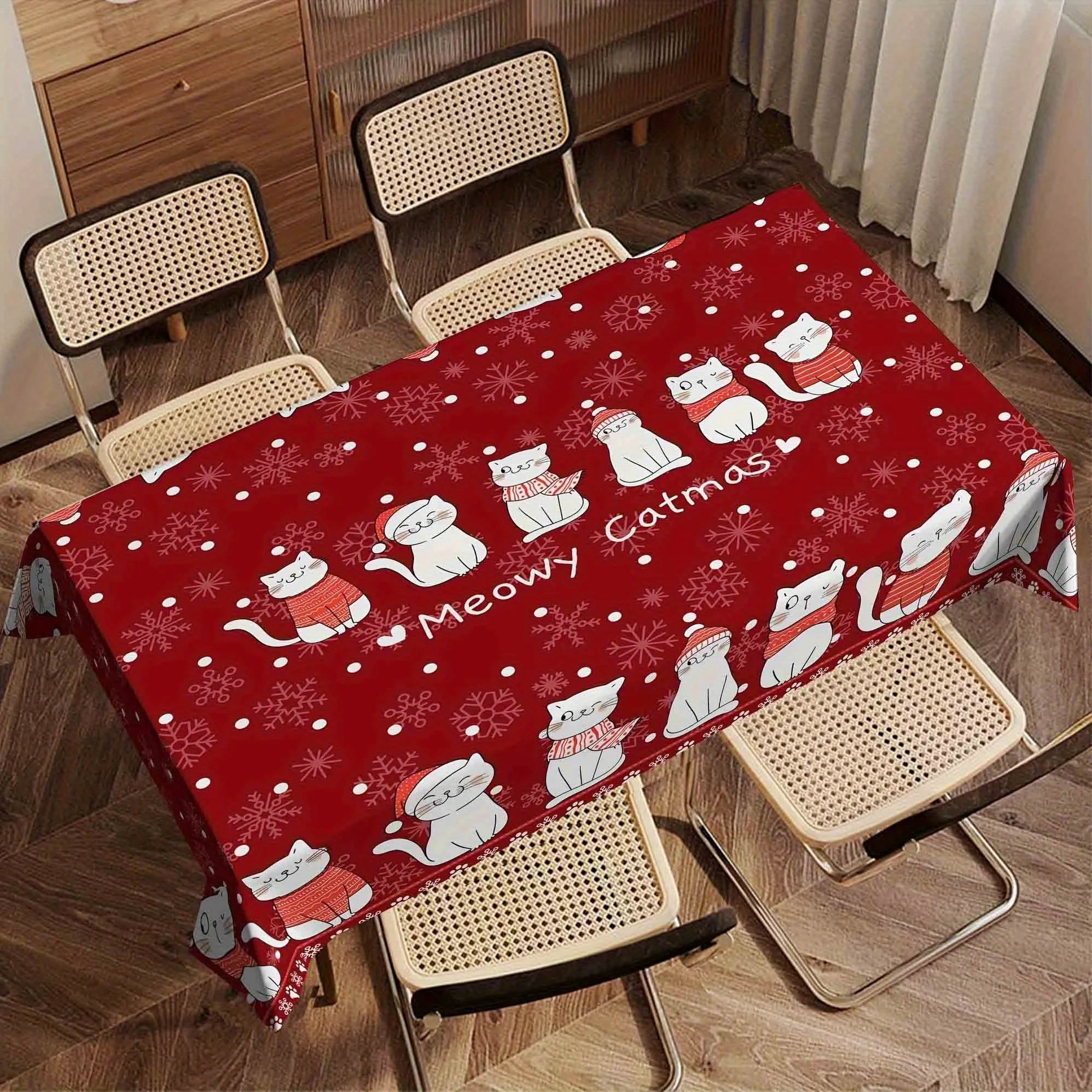 🎅 Toalha de Mesa Retangular Gato Noel: Impermeável, Flocos de Neve – Decoração de Natal Mágica!