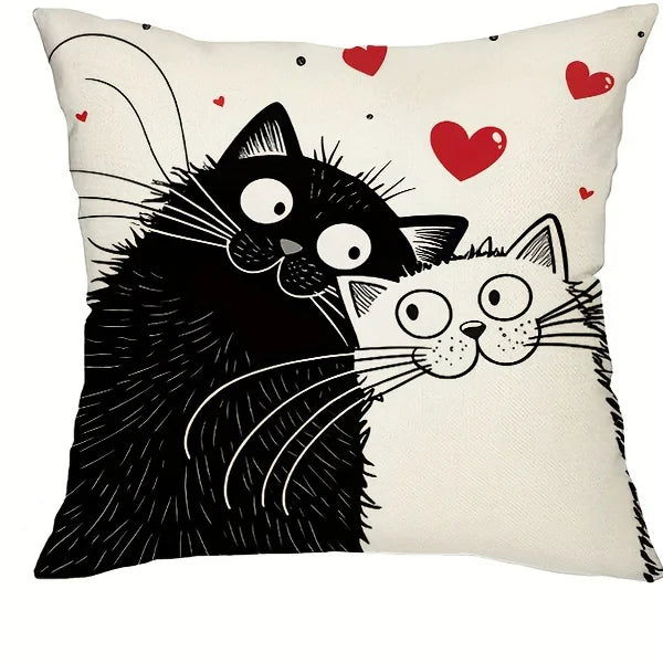 🖤 Almofada Gato P&B 45x45cm: Capa em Poliéster Desenho Animado – Decoração Moderna para Cat Lovers!