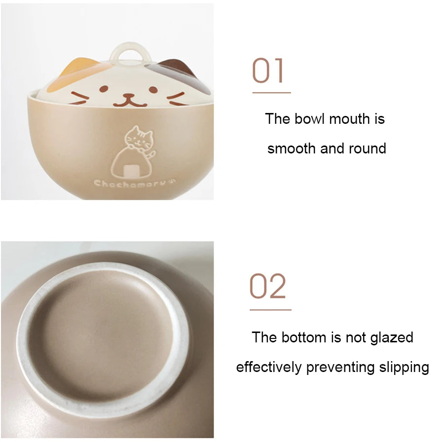 🍜 Tigela de Cerâmica Gato Cartoon 550ml: Com Tampa, Ideal para Noodle e Almoço no Escritório!
