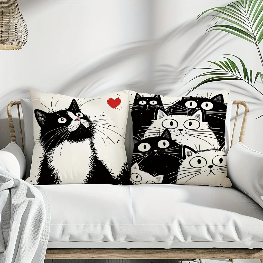 🖤 Almofada Gato P&B 45x45cm: Capa em Poliéster Desenho Animado – Decoração Moderna para Cat Lovers!