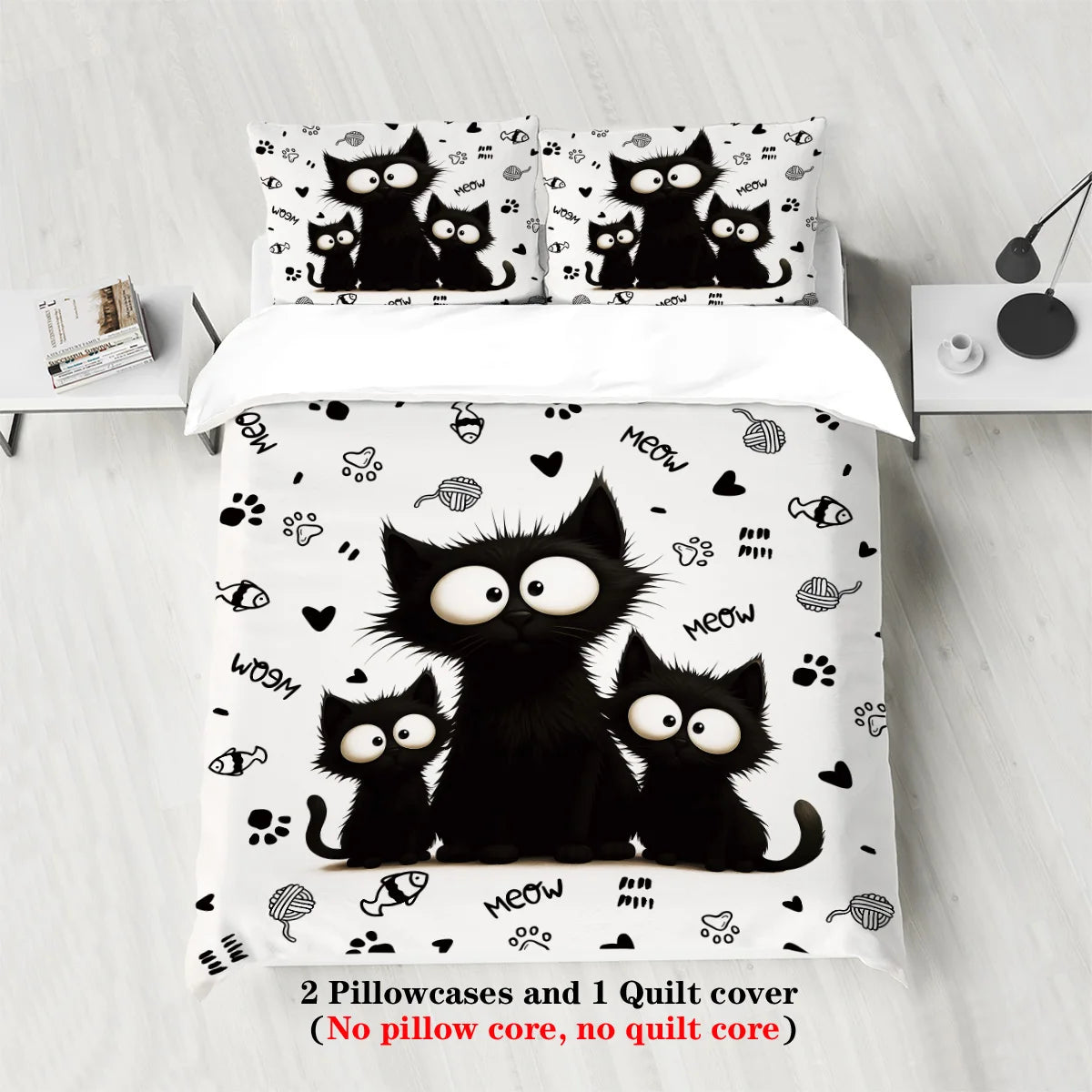 🐾 Jogo de Cama Gato Preto 3 Peças: Capa de Edredom + 2 Fronhas – Maciez e Estilo Felino!