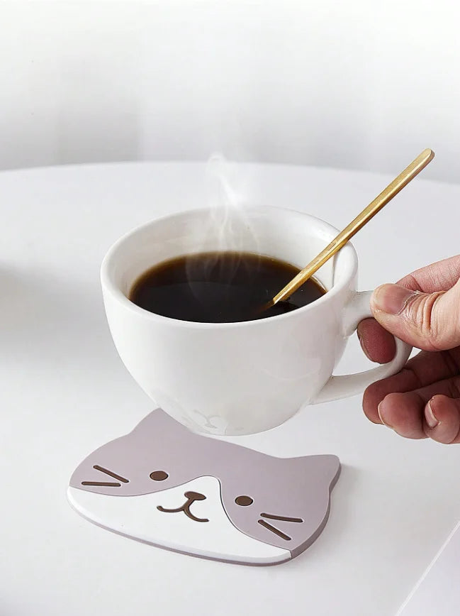 ☕ Conjunto 5 Peças: Porta-Copos de Silicone Tema Gato – À Prova d'Água e de Calor!