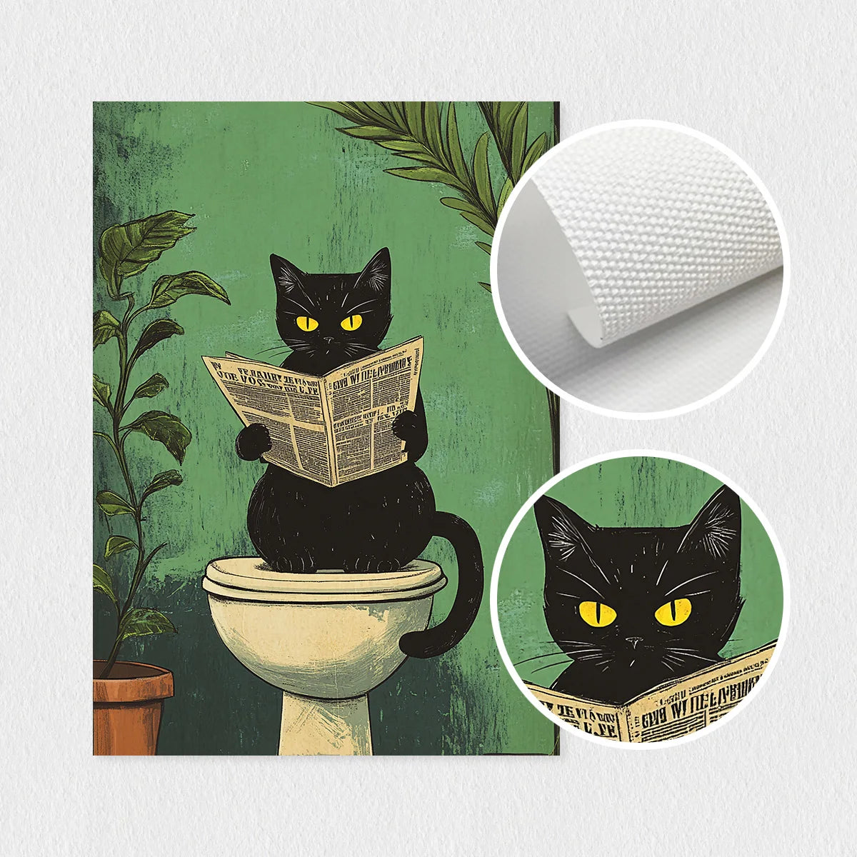 🖼️ Kit 3 Quadros Gato Preto Engraçado: Arte em Canvas para Banheiro e Decoração Retrô Moderna!