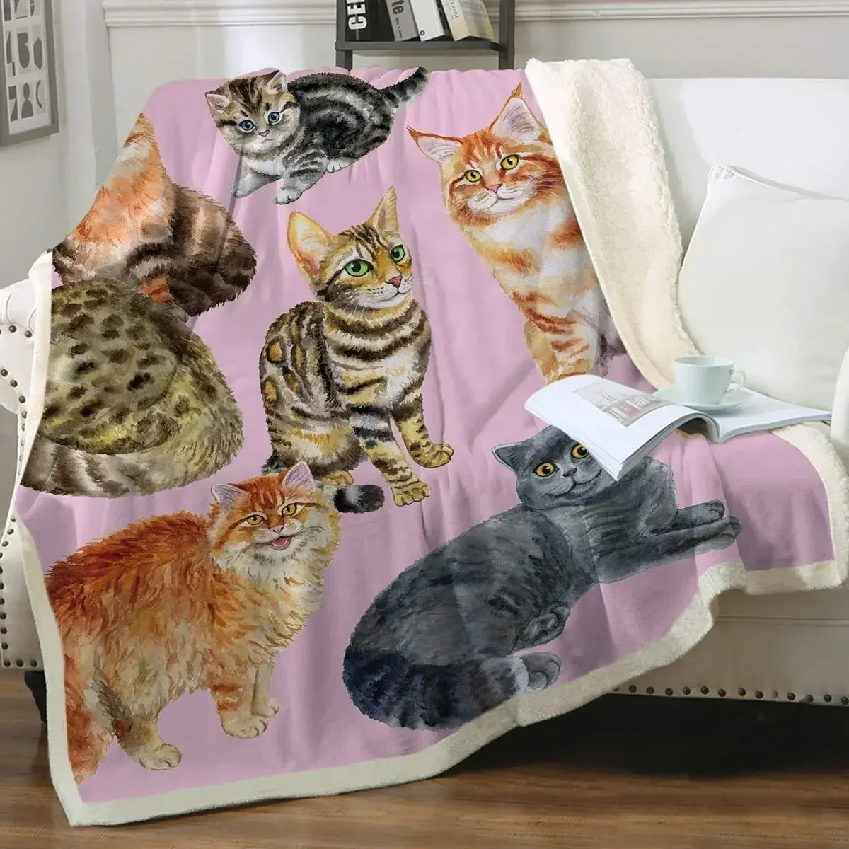 ☁️ Manta de Gatos P&B Luxo: Pelúcia Sherpa e Flanela – Conforto Super Macio para Sofá e Cama!