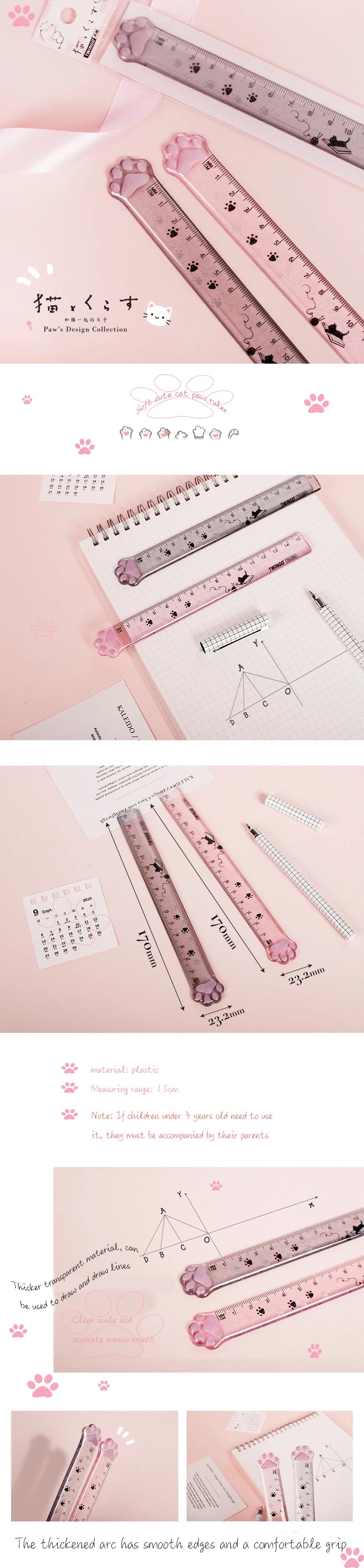 📏 Régua Reta Pata de Gato Kawaii: Fofura em Plástico para Escola e Planner!