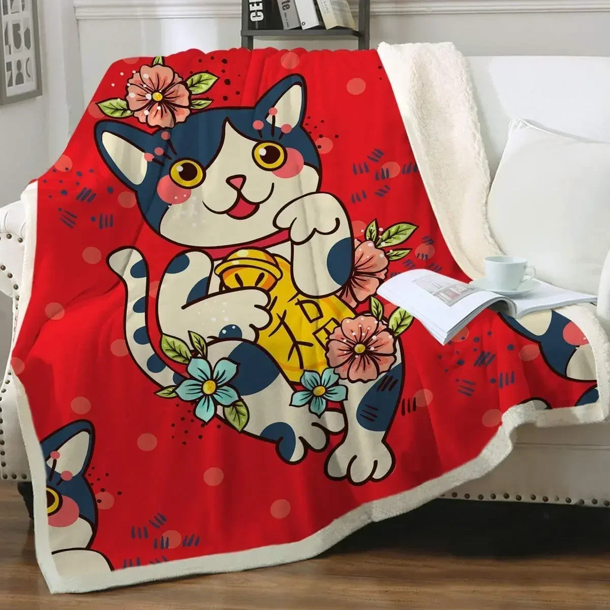 ☁️ Manta de Gatos P&B Luxo: Pelúcia Sherpa e Flanela – Conforto Super Macio para Sofá e Cama!