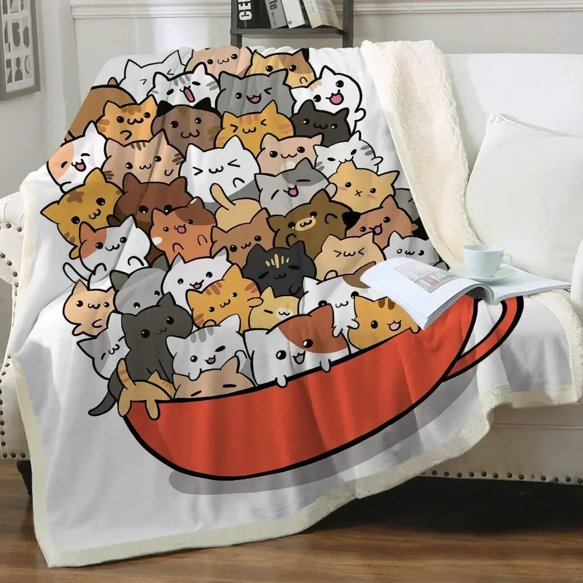 ☁️ Manta de Gatos P&B Luxo: Pelúcia Sherpa e Flanela – Conforto Super Macio para Sofá e Cama!