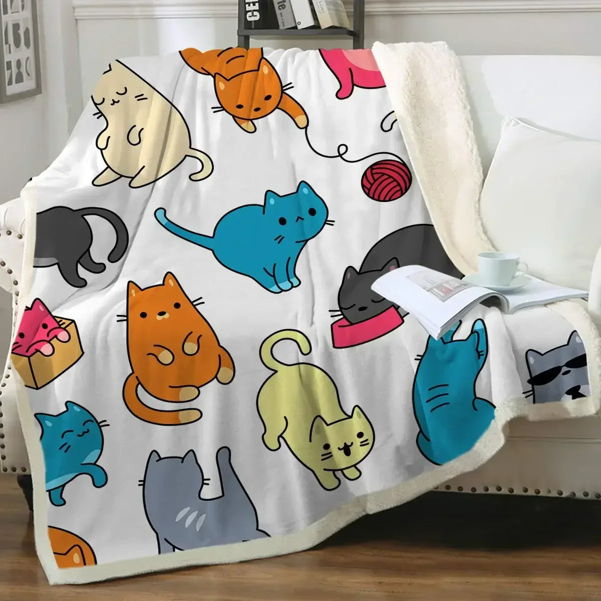 ☁️ Manta de Gatos P&B Luxo: Pelúcia Sherpa e Flanela – Conforto Super Macio para Sofá e Cama!