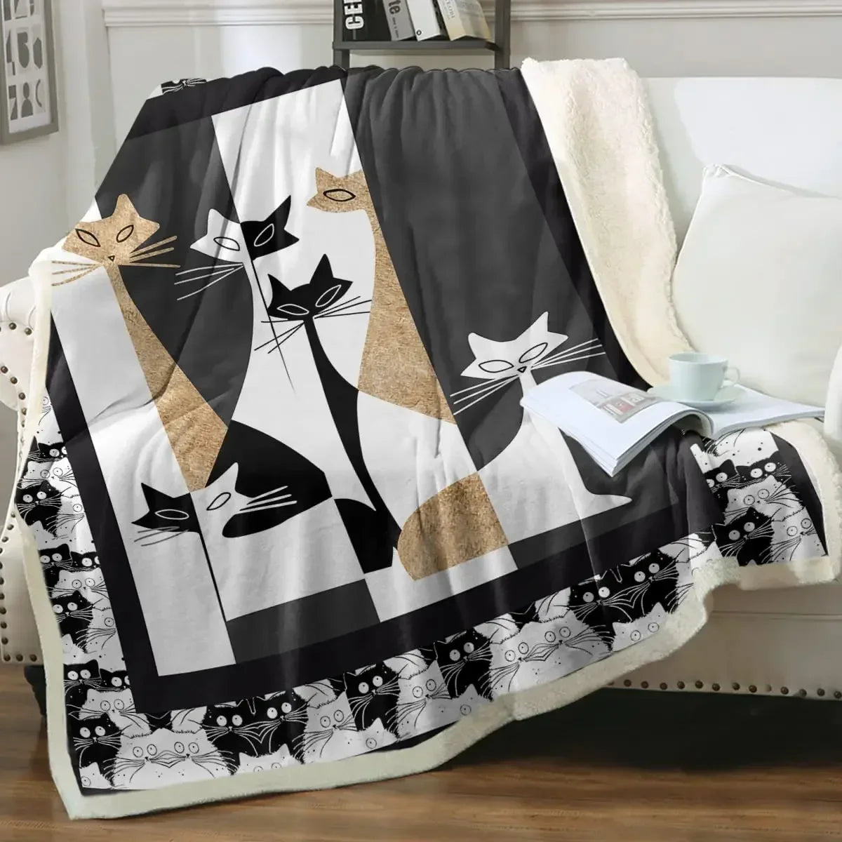 ☁️ Manta de Gatos P&B Luxo: Pelúcia Sherpa e Flanela – Conforto Super Macio para Sofá e Cama!