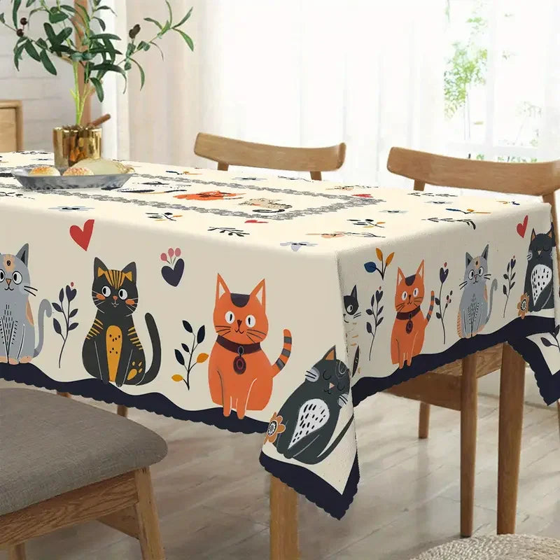 🌸 Toalha de Mesa Floral Gatos Fofos: Estampa Gato Laranja/Preto – Decoração de Festa e Jantar!